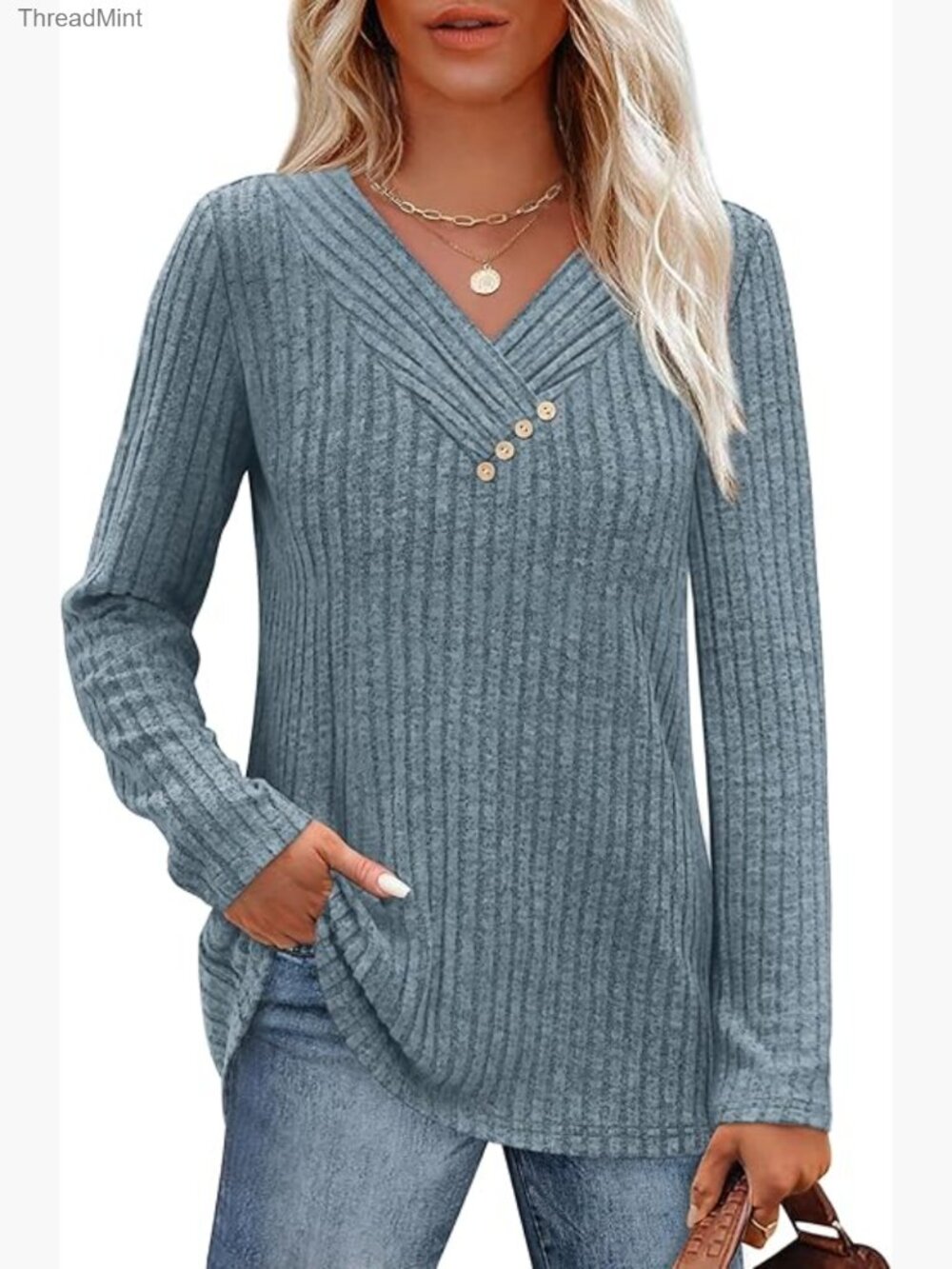 Long Sleeve V Neck Tunic Sweater with Buttons Loose Fit